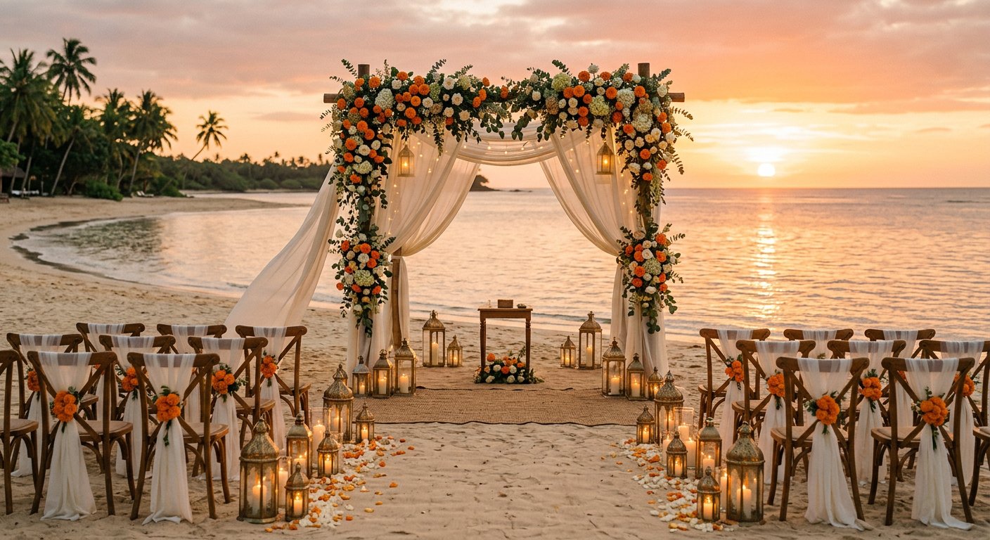 Elegant beachside celebration setup at golden hour